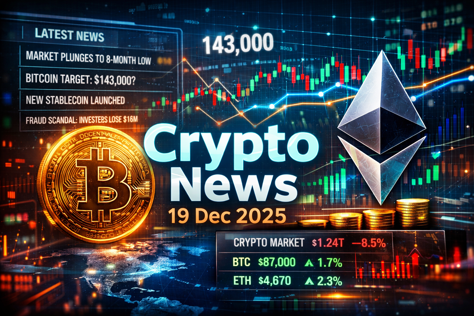 شش خبر مهم امروز کریپتو (۱۹ دسامبر ۲۰۲۵) | تحلیل واقعی از بازار، بیت‌کوین، اتریوم و اخبار کلیدی