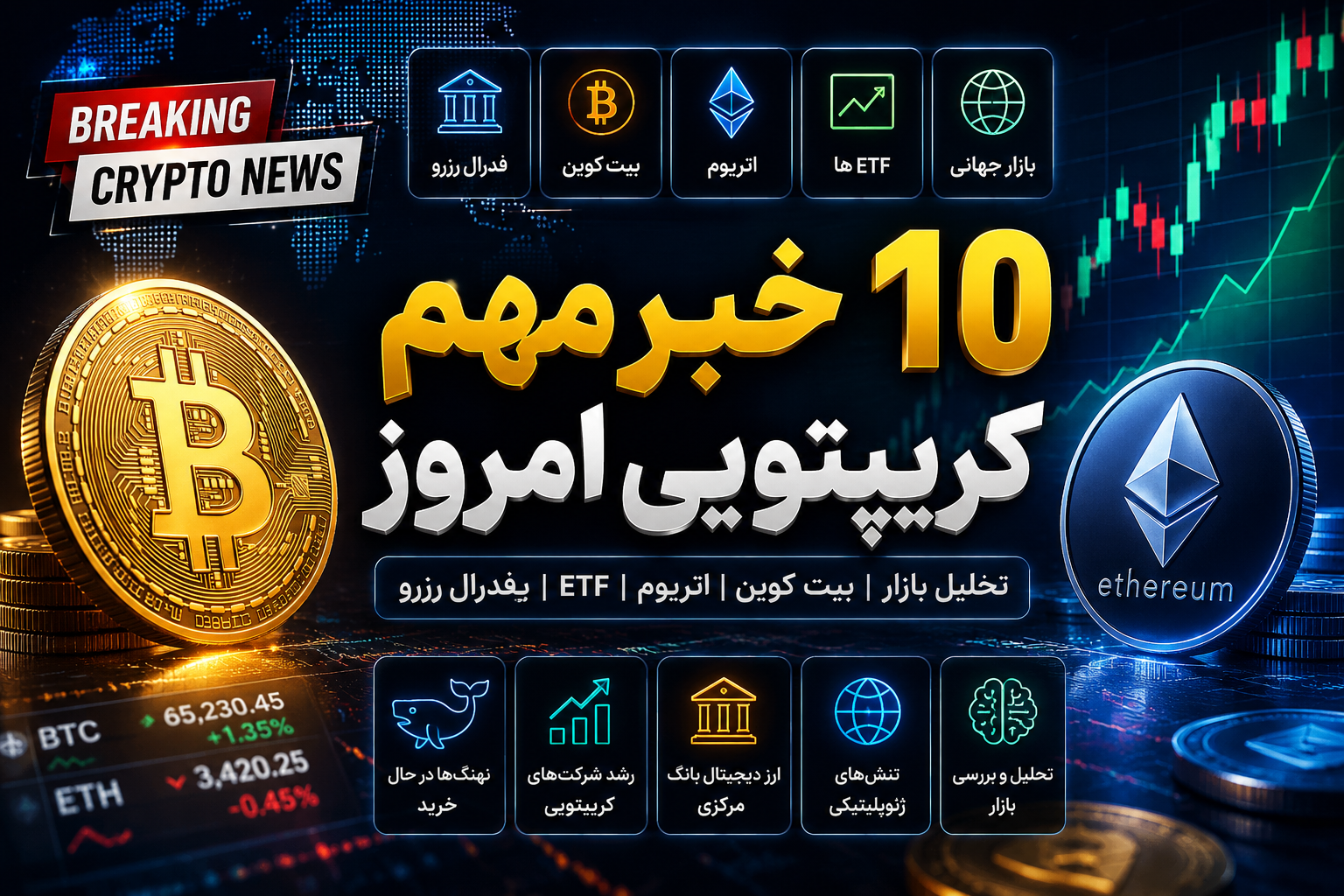 ۱۰ خبر مهم کریپتویی امروز | تحلیل بازار بیت کوین، اتریوم و مهم‌ترین رویدادهای ارز دیجیتال