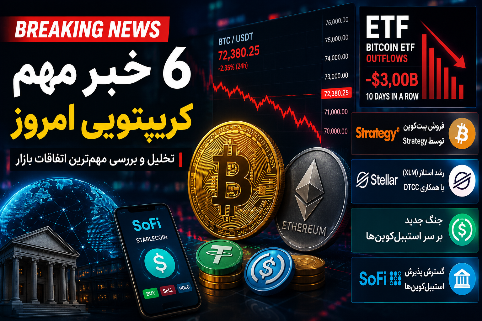 شش خبر مهم کریپتویی امروز؛ ریزش بیت‌کوین، خروج میلیاردی ETFها و تحولات مهم بازار رمزارزها
