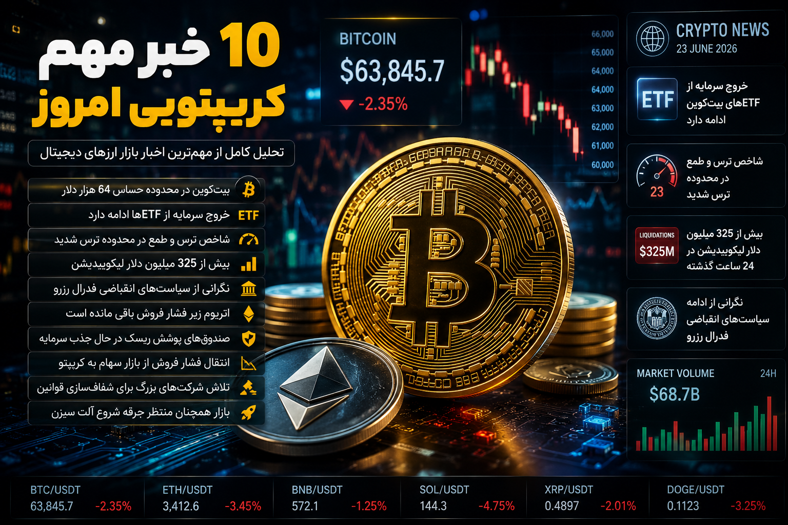 10 خبر مهم کریپتویی امروز | بیت کوین در محدوده حساس 64 هزار دلار، خروج سرمایه از ETFها و فشار بر آلت کوین‌ها