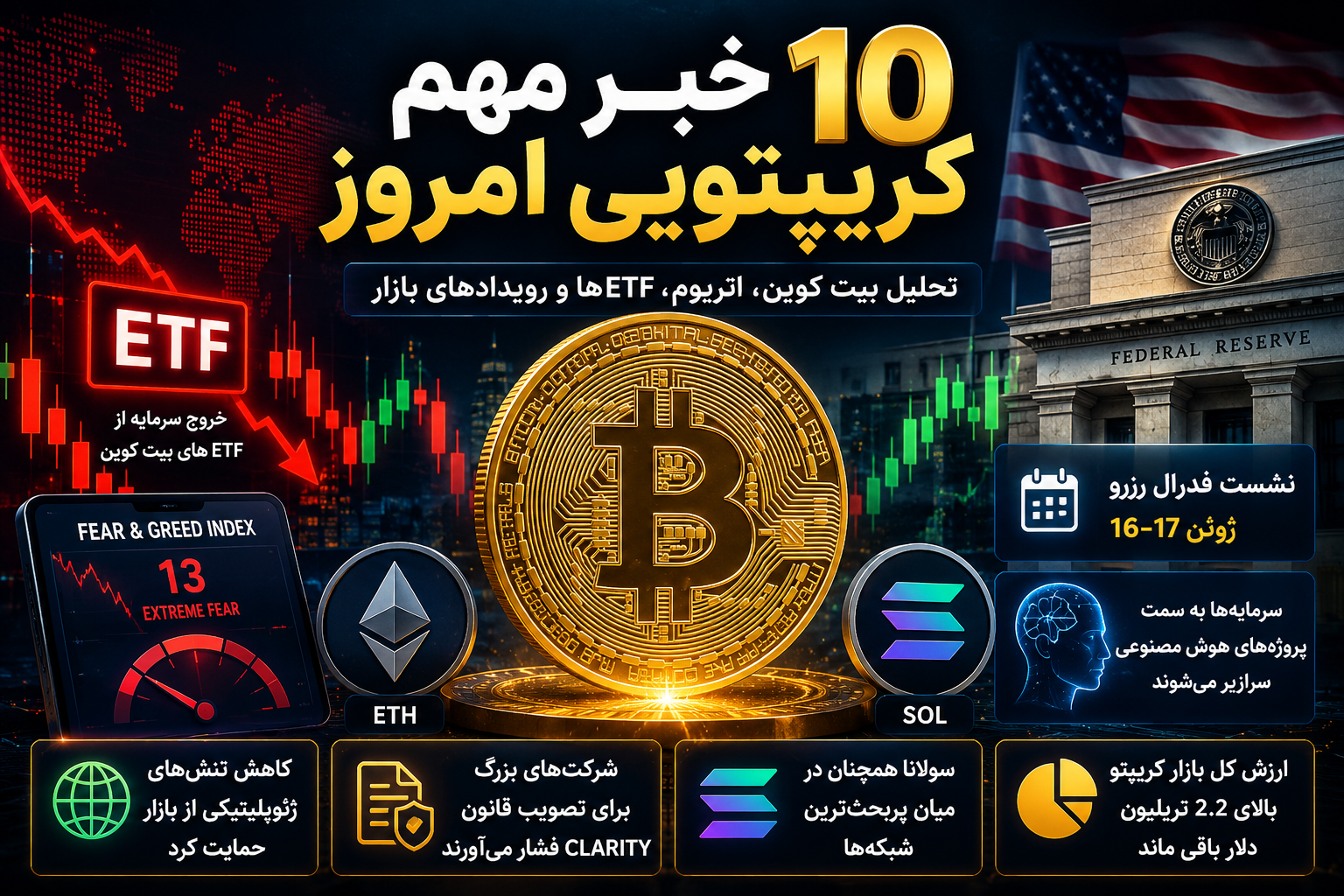 ۱۰ خبر مهم کریپتویی امروز | تحلیل بیت کوین، اتریوم، ETFها و مهم‌ترین رویدادهای بازار